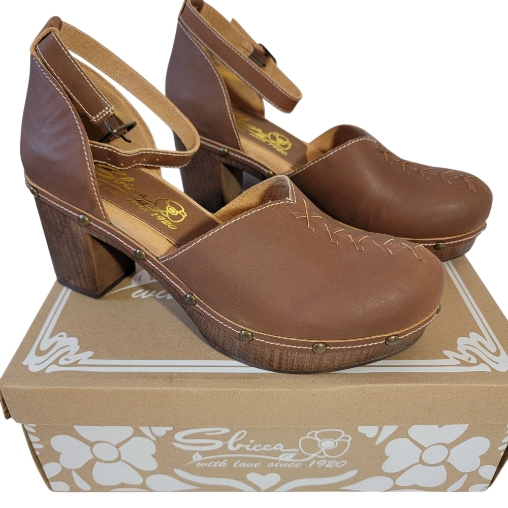 Sbicca Donerail Strap Heels Clog Womens Sz 10 Tan Leather Retro-Chic Boho NIB